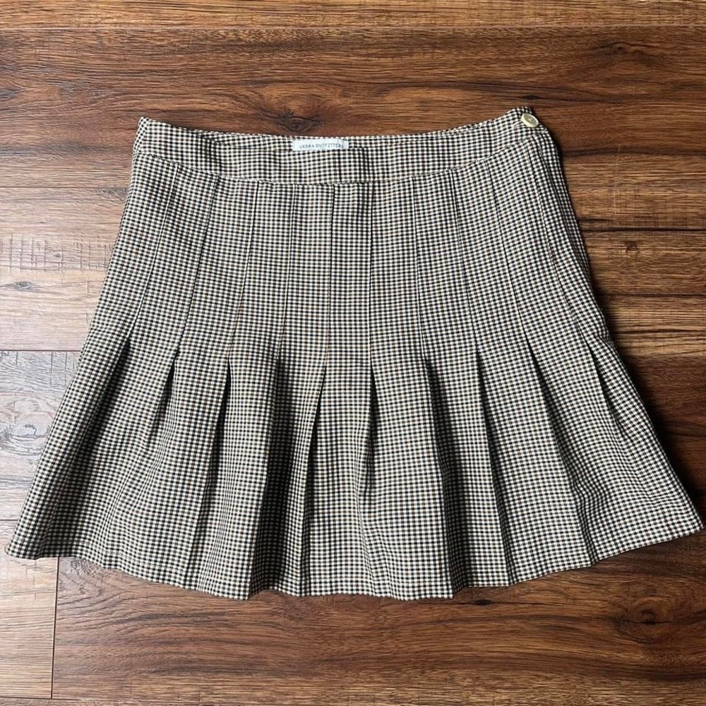 Urban‎ Outfitters Brown Plaid Houndstooth Pleated Mini Skirt Preppy Y2K Academia